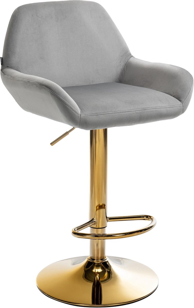 CLP Braga Barkruk - Met rugleuning - Met gouden frame - Verstelbaar - Fluweel - Velvet - grijs/goud
