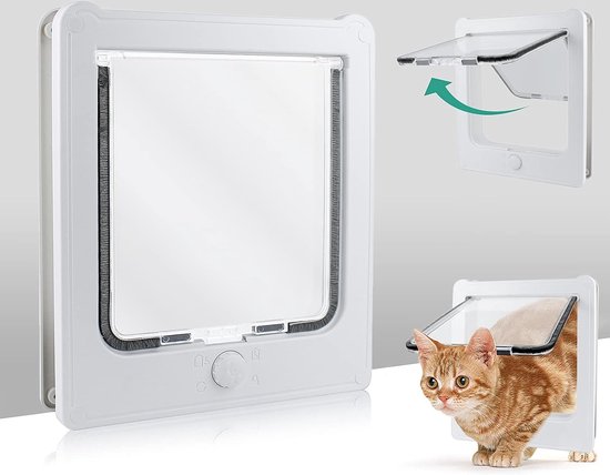 Cat Door with 4 Closing Options - Windproof Rainproof Interior Door Cat Flap - Medium (27.5 x 23.5 x 5.5 CM)