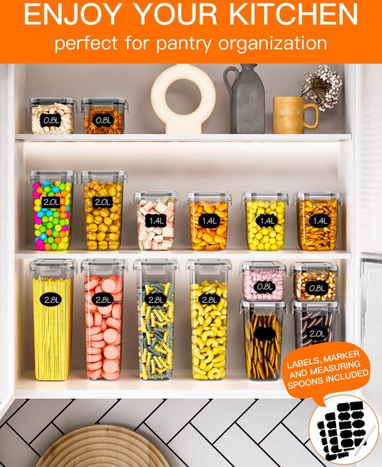 Otauoaea Voorraaddozen set van 20 - voorraaddozen met deksel, luchtdicht - BPA-vrij - luchtdichte voorraaddozen opbergdoos met etiketten - keukenorganizer voor cornflakes muesli meel Otauoaea Voorraaddozen set van 20 - voorraaddozen met deksel, luchtdicht - BPA-vrij - luchtdichte voorraaddozen opbergdoos met etiketten - keukenorganizer voor cornflakes muesli meel