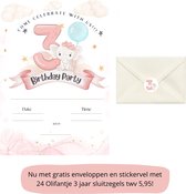 Uitnodiging kinderfeestje - Kinderfeest - Uitnodigingen - Verjaardag - Inclusief enveloppen - Eigen design en print - Wenskaart - Olifantje 3 jaar - 20 stuks - A6