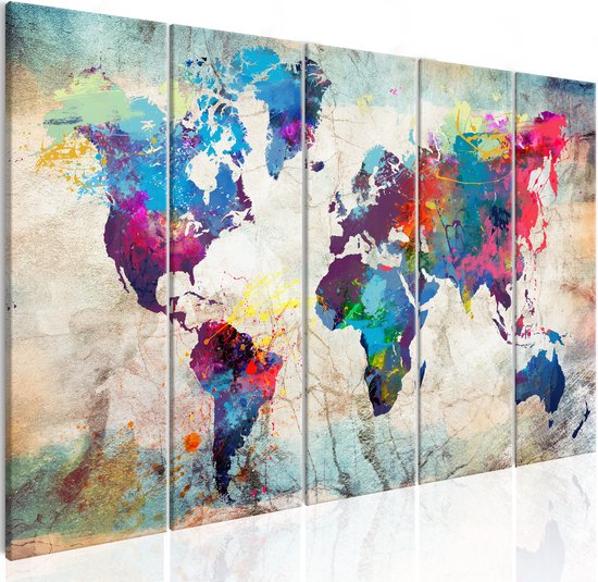 Schilderij - Wereldkaart , Wereld op Steen , Steenlook , 5 luik, Premium print op echt Italiaans canvas, wanddecoratie