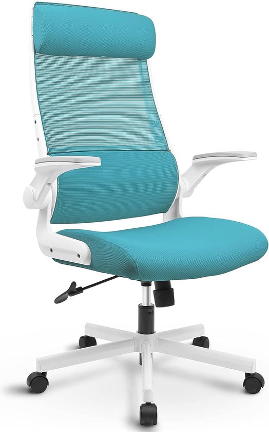 MELOKEA Bureaustoel ergonomisch, bureaustoel van gaas met opklapbare armleuningen, computerdraaistoel met verstelbare hoofdsteunarmen en lendensteun, directiestoel heeft wipfunctie-blauw