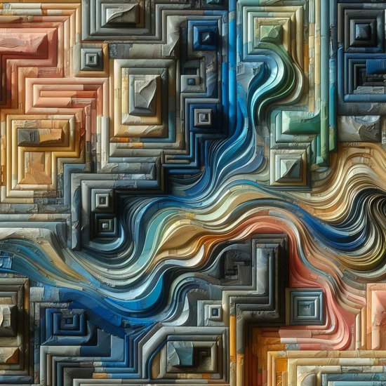 Olieverf relief schilderij | Abstracte diepte: een reliëf van kleur en emotie | Kunst - 60x60 centimeter op Canvas | Foto op Canvas