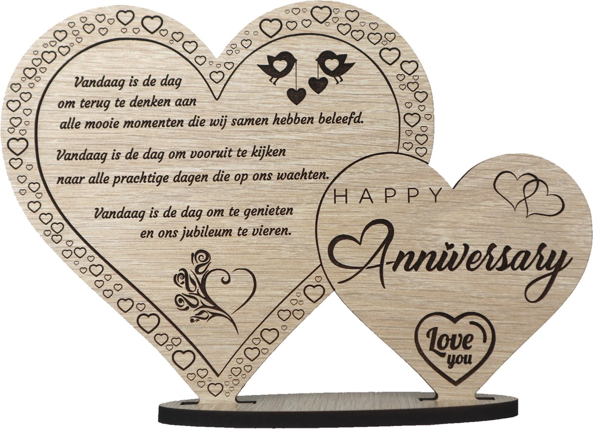 Hartjes jubileum - houten wenskaart - kaart van hout - … jaar getrouwd - Happy Anniversary - 17.5 x 25 cm