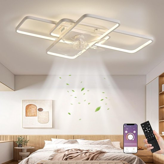 LuxiLamps - Moderne Smart Lamp Ventilator - Dimbaar - LED Plafond Ventilator - Zwart - Moderne Kroonluchter Ventilator - 72 cm - Woonkamerlamp