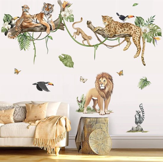 Jungle Dieren Boom Tak Muurstickers Safari Dierlijke Leeuw Luipaard Tijger Muurtattoo Babykinderkamer Kinder Woonkamer Slaapkamer Wanddecoratie
