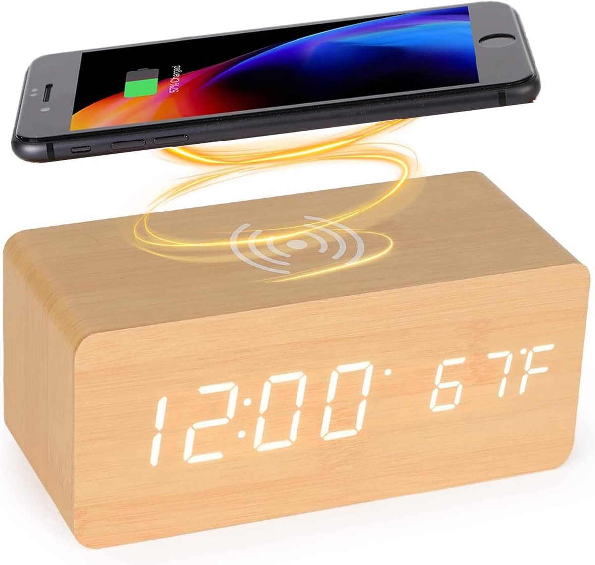 StayPowered Bamboe Wekker - Jouw Slimme en Stijlvolle Oplossing voor een Vlotte Ochtendroutine - Telefoon Draadloos Opladen - Duidelijk Display - Temperatuursensor - Instelbare Helderheid - Eenvoudige Bediening - Levering Sneller dan Aangegeven!
