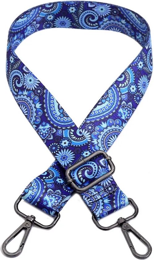 Bag strap bohemain blue - zwart metaal - schouderband - tassenriem - tasriem- schouderriem- Tas hengsel - Tassen band - cameratas band - cross body - verstelbare riem - bag belt - handtas bandje