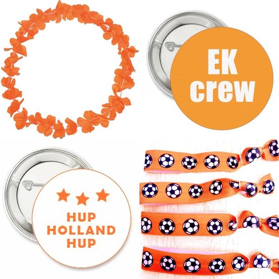 Oranje EK-set met bloemenkrans, buttons met 'EK crew' en 'Hup Holland Hup', en armbanden met voetballen.