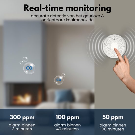 Witte rookmelder aan het plafond met een hand die erop drukt voor real-time monitoring van koolmonoxide.