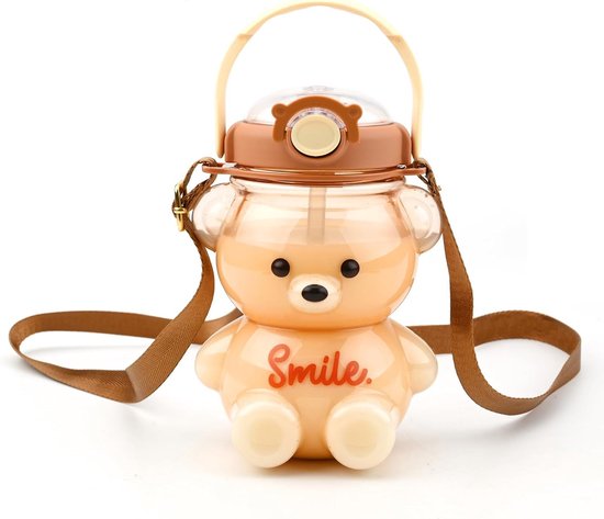 Grande Bouteille De Paille d'ours Kawaii,Bouteille d'eau pour Enfants De Dessin Animé sans BPA avec Paille Et Boucle De Transport Intégrée,Bandoulière Réglable Et Amovible (Pink,1000 ML