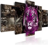 Schilderij - Bewaker van de Jungle , Tijger , 5 luik , paars