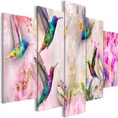 Schilderij - Kleurrijke Kolibries , pastel , 5 luik
