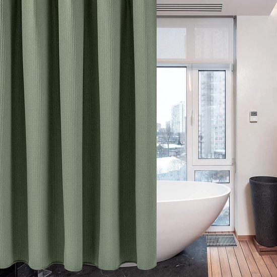 thumbnail: Wafelstof Douchegordijn 182x182 Cm Zwart - Waterafstotend Met Metalen Ringen - Zwaar Luxe Badgordijn