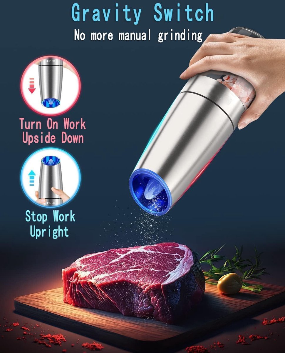 AmuseWit Elektrische zout- en pepermolenset met zwaartekrachtsensor en wit licht, oplaadbaar via USB, automatische peper- en zoutmolen, instelbare maalgrootte, bediening met één hand, roestvrij staal