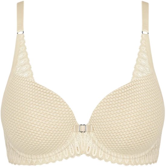 Soutien-gorge nude à armatures avec une texture chevrons et des bords décorés.