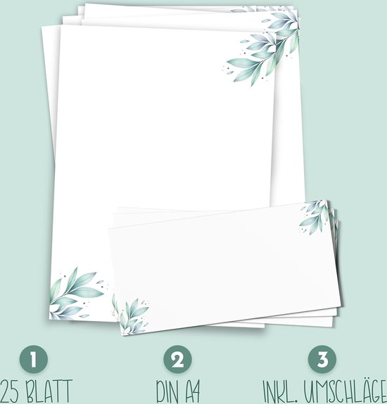 Papier à lettres avec enveloppes, 25 feuilles au format DIN A4 avec 25 enveloppes - Papeterie à motifs fleurs de qualité supérieure