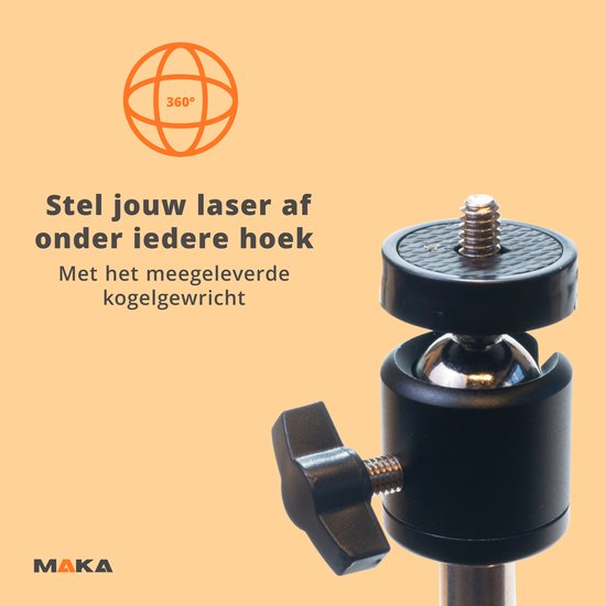 Kogelkop met 360 graden draaimogelijkheid, met tekst 'Stel jouw laser af onder iedere hoek'.