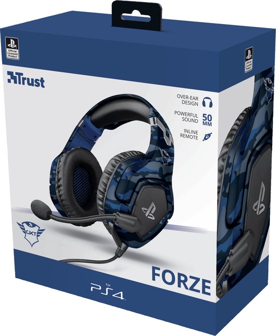 Trust GXT 488B Forze headset voor PS4 met blauw camouflagepatroon, met microfoon.