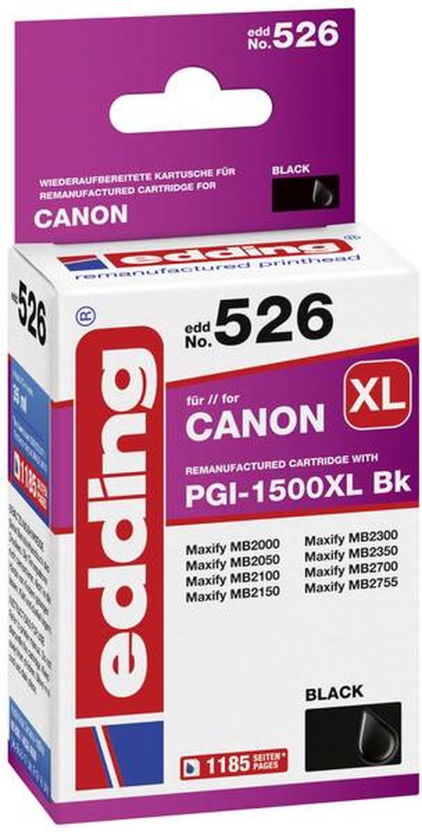 Edding Inktcartridge vervangt Canon PGI-1500BK XL Compatibel Zwart EDD-526 18-526