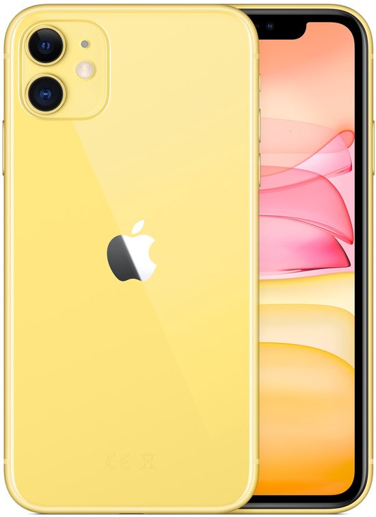 Gele iPhone 11, achterkant en voorkant met scherm.
