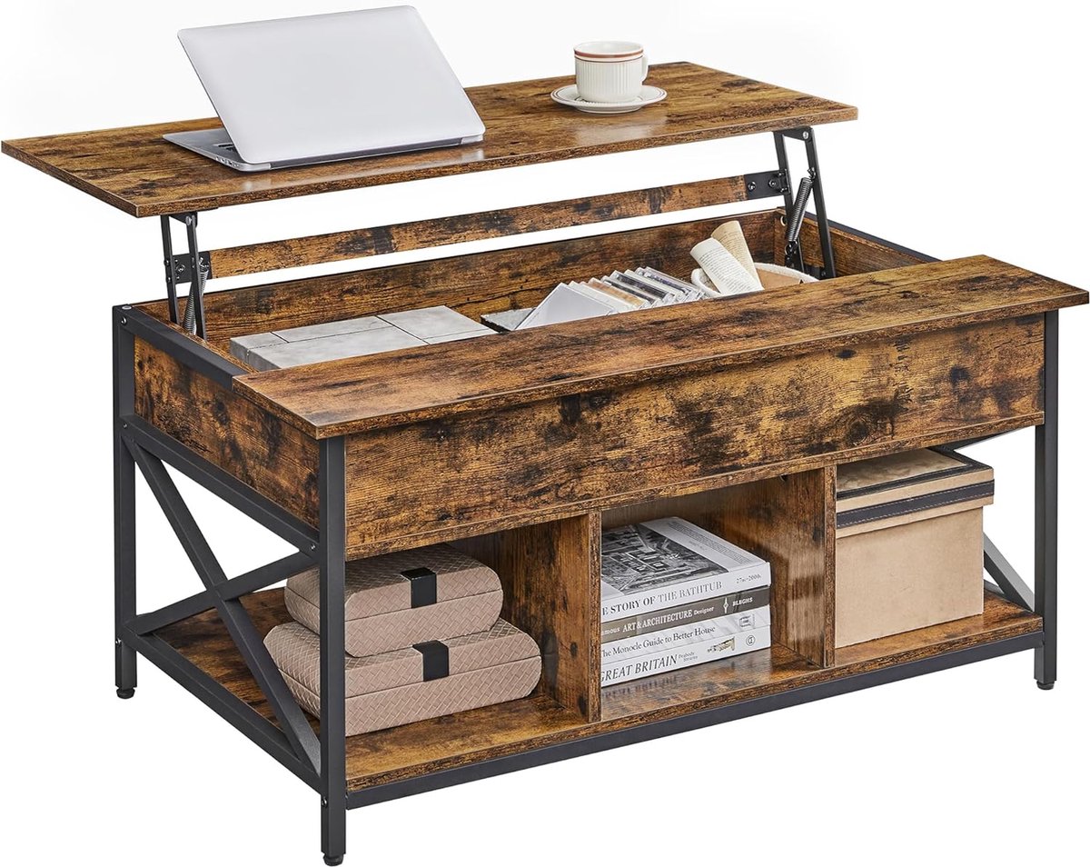 FurnStar - Salontafel - In Hoogte Verstelbare Woonkamertafel - Koffietafel - Open En Verborgen Opbergruimte - 60 X 100 X (48-62) Cm - Vintage Bruin-Zwart