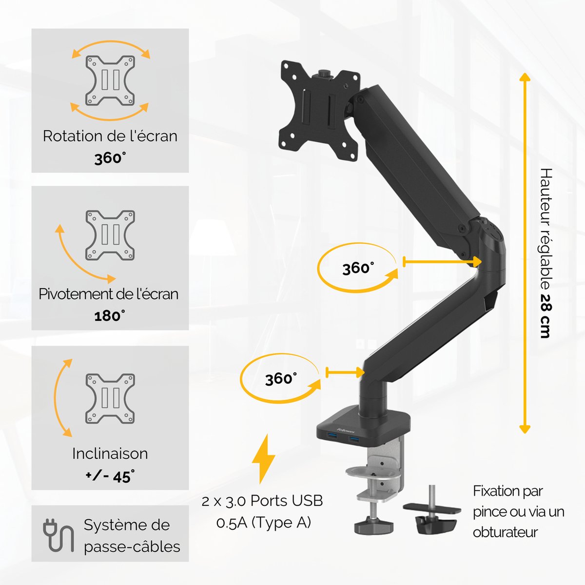 Fellowes Platinum - Monitor arm - 1 scherm - Tot 8 kg - Tot 32 inch - Gasveer - USB - Zwart thumbnail 3