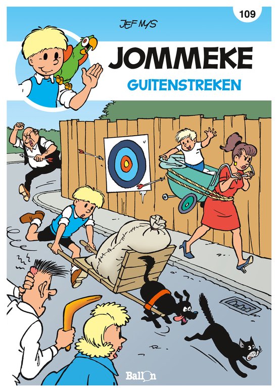 Jommeke 109 Guitenstreken: Jommeke en vrienden met pijl en boog op doel, en een zak