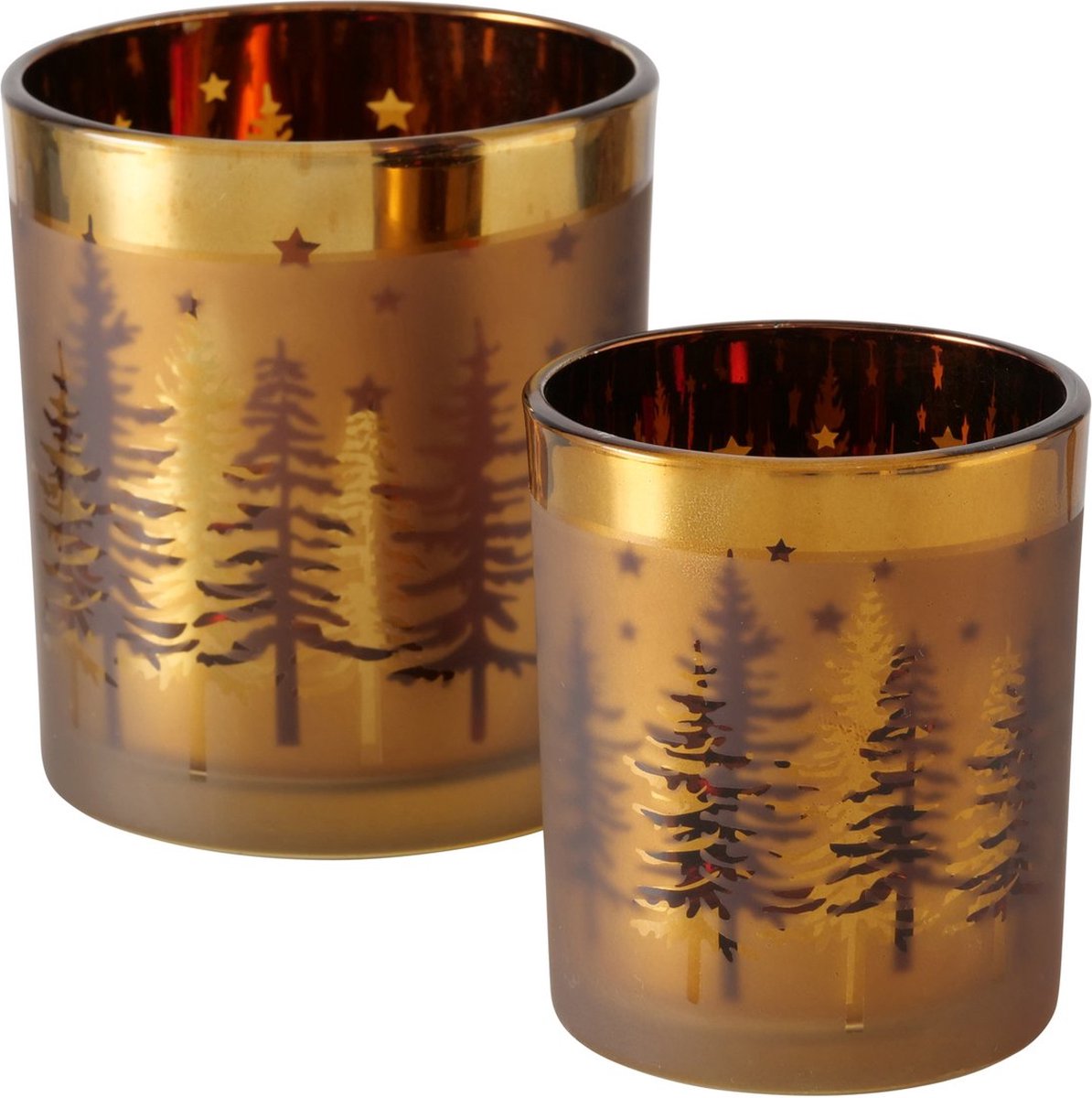 Windlicht set van 2 - goud - mat - kerstboommotief