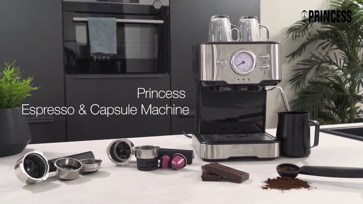 Princess Espresso-Maschine, 1100W, 20-Bar-Druck, Tassenwärmer, Dampfdüse, 1,2L Wassertank, Für Kaffee, Pads und Kapseln, Leicht zu Reinigen, Automatische Abschaltung, 01.249417.01.001