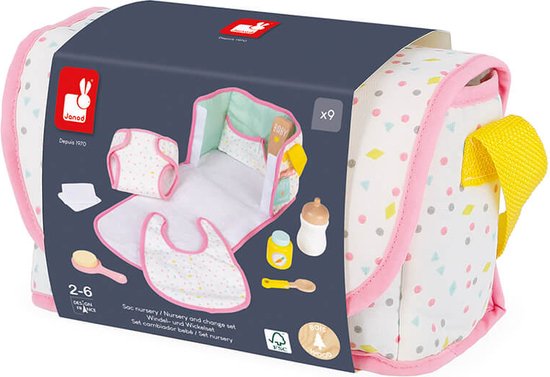 Janod - Poppen Verschoningstas - Om Voor Je Baby Te Zorgen (Babypop Niet Inbegrepen) - Inclusief 8 Accessoires - Geschikt Vanaf 3 Jaar