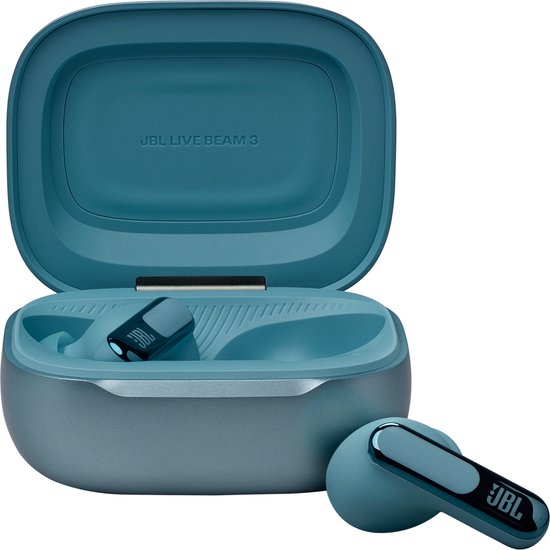 Blauwe JBL Live Beam 3 oordopjes in open blauwe charging case met de oordopjes erin.