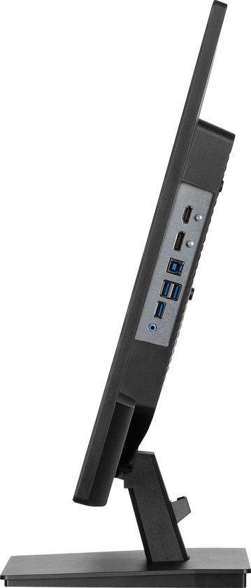 Zijaanzicht van een zwarte monitor met USB-poorten en audio-aansluitingen.
