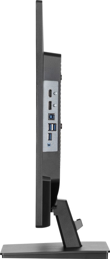 Zijaanzicht van een zwarte monitor met USB-poorten en audio-aansluitingen.