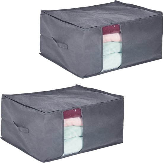 Opbergtas Onder Het Bed - Set Van 2 Opbergtassen Van 91x50x14 Cm Ademend Polyester Fleece Met Ritssluiting En Kijkvenster Grijs