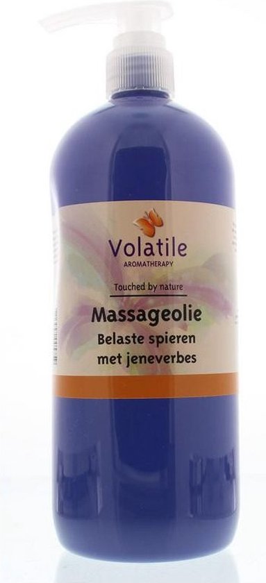Blauwe fles Volatile massageolie 'Belaste spieren met jeneverbes' met pomp.