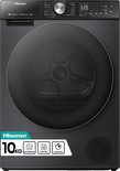 Zwarte Hisense 10kg droger met Ion Refresh, Auto Dry en Quick Dry logo's op een sticker aan de onderkant.