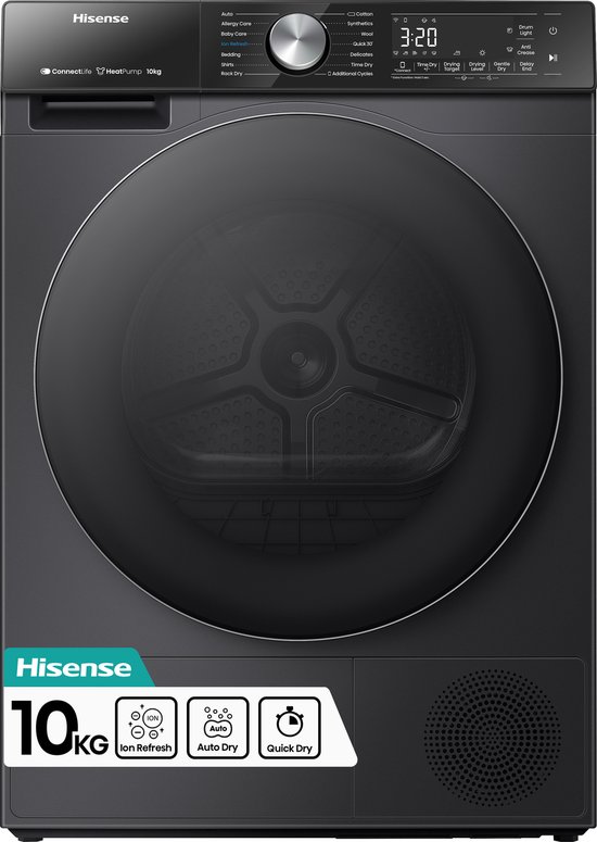Zwarte Hisense 10kg droger met Ion Refresh, Auto Dry en Quick Dry logo's op een sticker aan de onderkant.