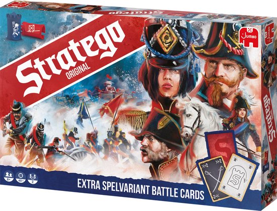De doos van Stratego Original toont een veldslag met soldaten in historische uniformen, met rode en blauwe stukken op de voorgrond.