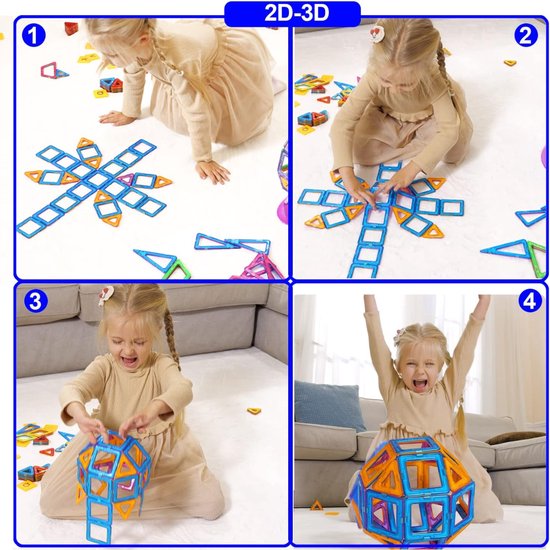 Meisje bouwt een libel van magnetische tegels (2D) en vervolgens een bal (3D).
