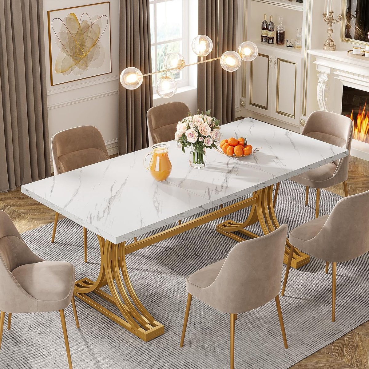 TRIBESIGNS Keukentafel - Eettafel - 159 x 80 x 75 cm - Eetkamertafel met Stevige Metalen Poten Voor 6-8 Personen - Modern Design - Vintage - Wit en goud