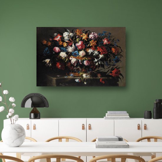 Kleine mand met bloemen - Juan de Arellano portret - Bloemen schilderijen - Muurdecoratie Natuur - Muurdecoratie modern - Muurdecoratie canvas met baklijst - Woonkamer decoratie canvas met baklijst 90x60 cm