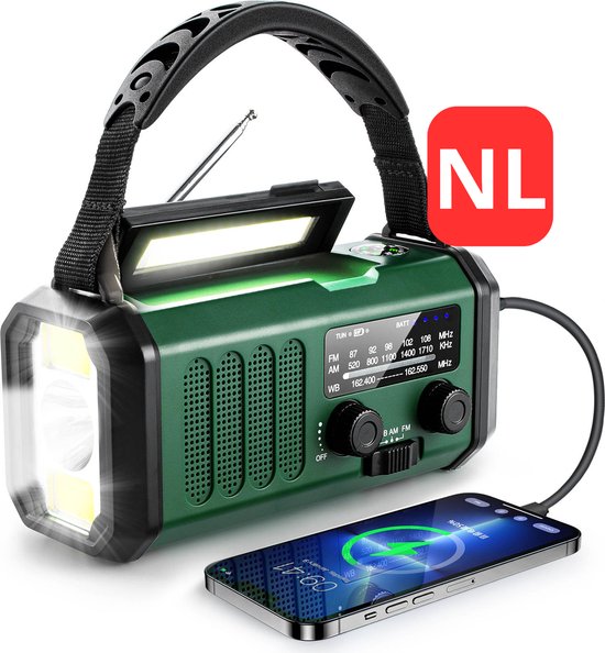 Noodradio Nederlands - NL Handleiding - Model 2024 - Solar Powerbank - Opwindbaar - 10.000 mAh - Noodalarm - Draagbare Radio op accu - Zaklamp - Survival Noodpakket - Groen - Legergroen
