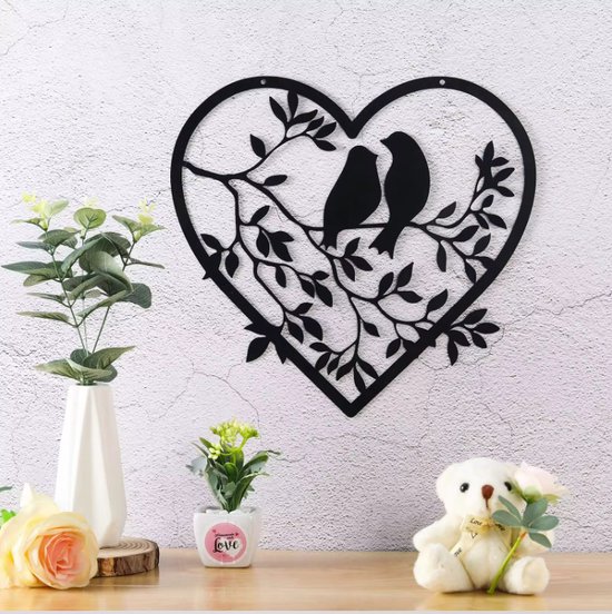 Janse® Wanddecoratie hart met vogels - Metalen hart inclusief bevestigingsmateriaal - Decoratie met vogel design - Wall art - Kunst - Tuindecoratie - Woonaccessoires