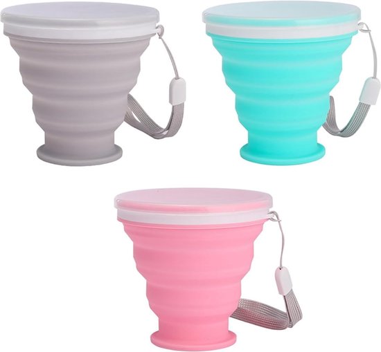 Foto: Tadipri 3 stuks opvouwbare siliconen bekers bpa vrij herbruikbaar draagbare bekerset voor picknick camping outdoor wandelreizen 200 ml roze blauw grijs 