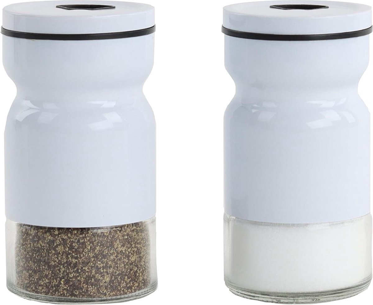 Zout en Peper Shaker Set 2 Wit Glas Metaal Lengte 15cm Zoutvaatje