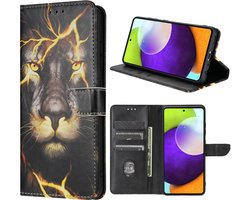 foto van Geschikt voor Samsung Galaxy A52s / A52 hoesje - Solidenz bookcase - Telefoonhoesje A52s / A52 - Cover Hoes - Leeuwenhoofd - Leeuw hoesje - Met Pasjeshouder - Leeuw