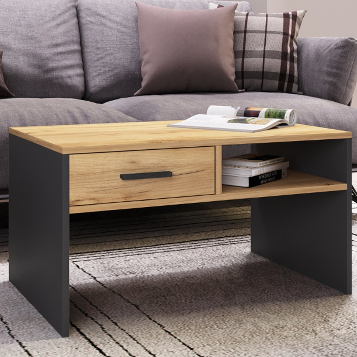 Salontafel Javi 2 Open Vakken, 1 Lade-wilde Eik/antraciet - Emob - Salontafel - Bruin; Antraciet - Melamine; Spaanplaat