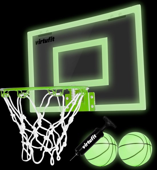 Wit VirtuFit basketbalbord dat oplicht in het donker, met groene ring, net, 2 ballen en pomp.