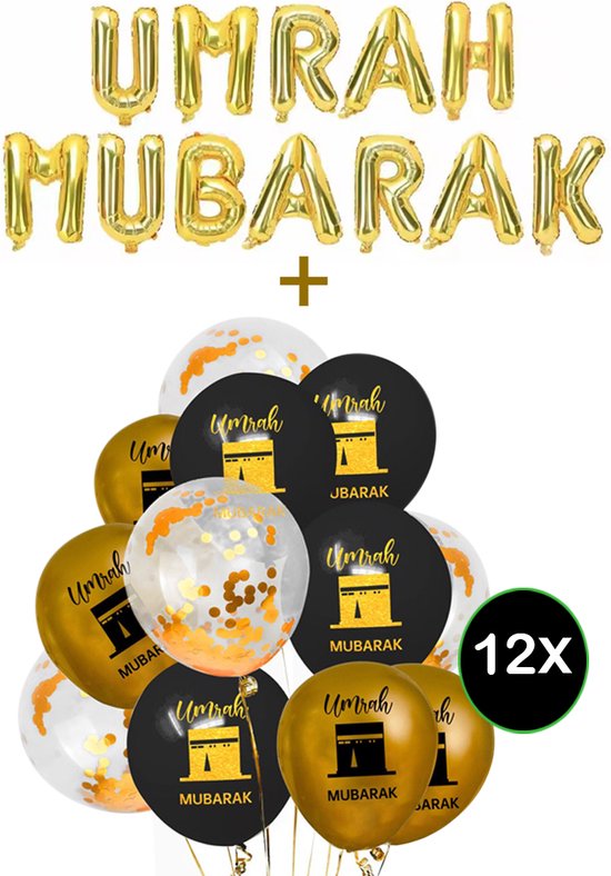Mansak Ballonnenset - Umrah Mubarak Folieballon + 12 x Umrah Mubarak Ballonnen – Zwart- Goud - Confetti – Umrah Feest - Decoratiepakket - Ballon - Umrah Mubarak Versieringen - Umre Mubarek - Omrah